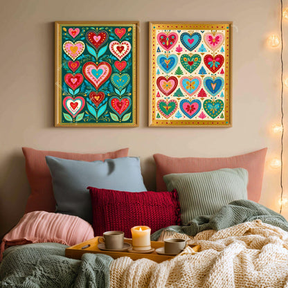Green Boho Scandi Hearts Print – Modern Scandinavian Folk Art for Kitchen Funky Folk Art Print Dark Green Wall Art Green and Pink