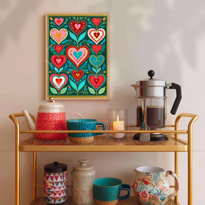 Green Boho Scandi Hearts Print – Modern Scandinavian Folk Art for Kitchen Funky Folk Art Print Dark Green Wall Art Green and Pink