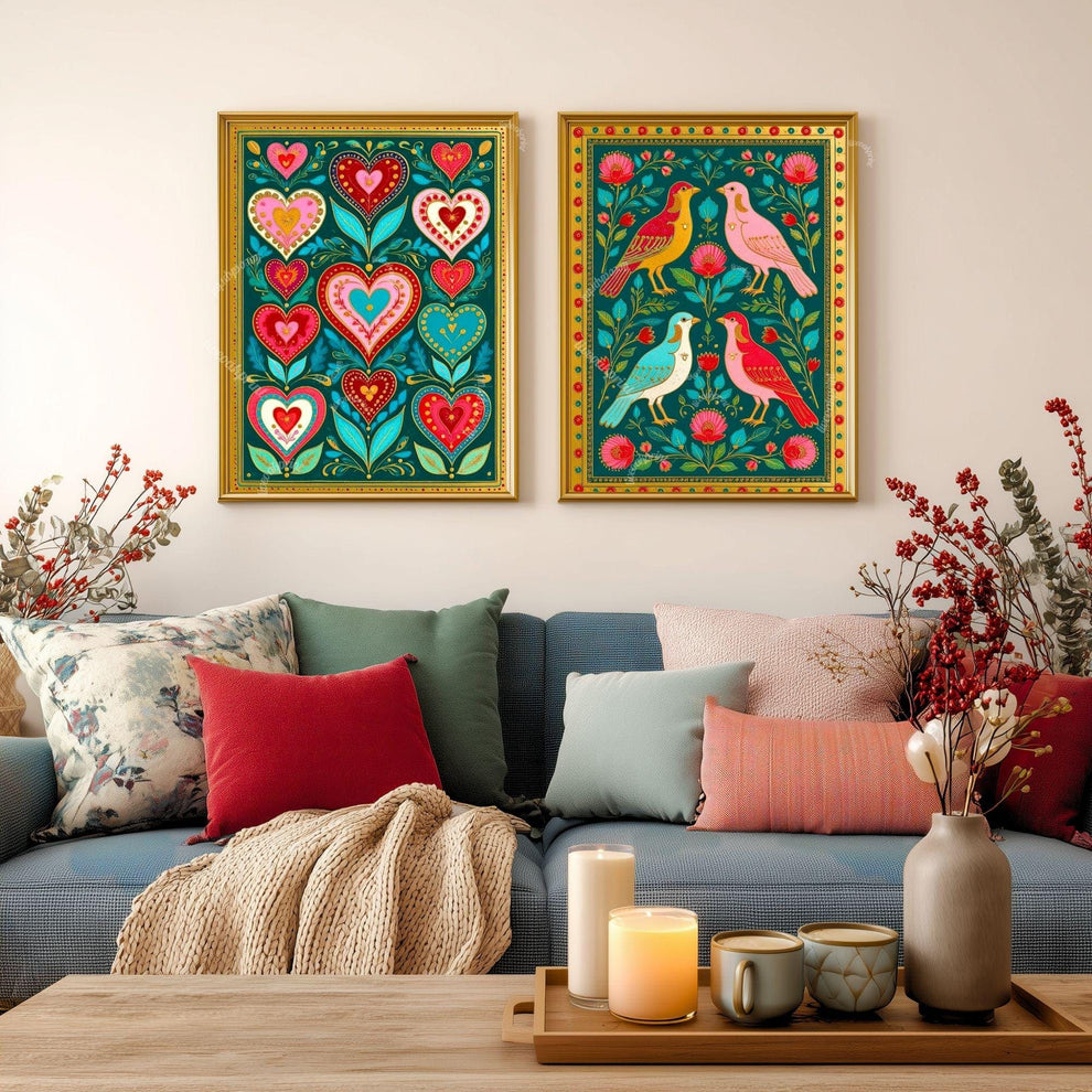 Green Boho Scandi Hearts Print – Modern Scandinavian Folk Art for Kitchen Funky Folk Art Print Dark Green Wall Art Green and Pink