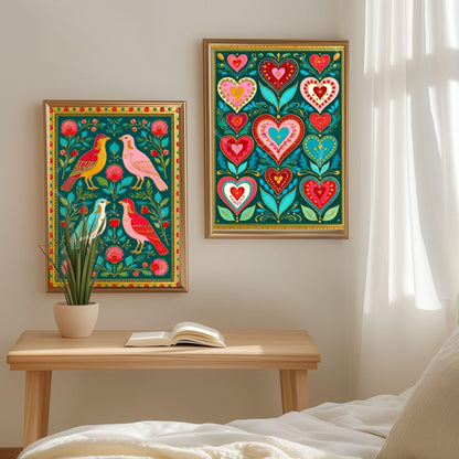 Scandi Boho Wall Art Set – Green Scandinavian Boho Bird Prints Wall Art Birds and Heart Tulip Prints Boho Scandi Prints Set of Two