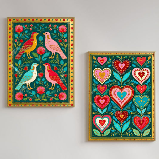 Scandi Boho Wall Art Set – Green Scandinavian Boho Bird Prints Wall Art Birds and Heart Tulip Prints Boho Scandi Prints Set of Two