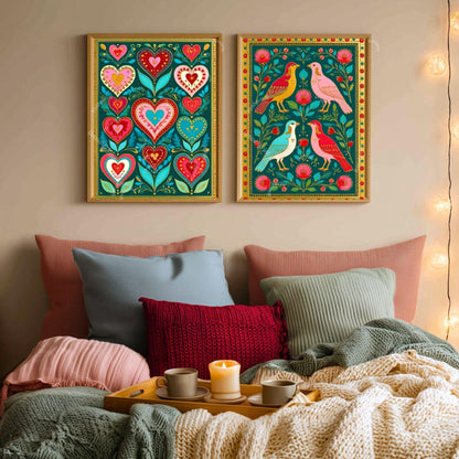 Scandi Boho Wall Art Set – Green Scandinavian Boho Bird Prints Wall Art Birds and Heart Tulip Prints Boho Scandi Prints Set of Two