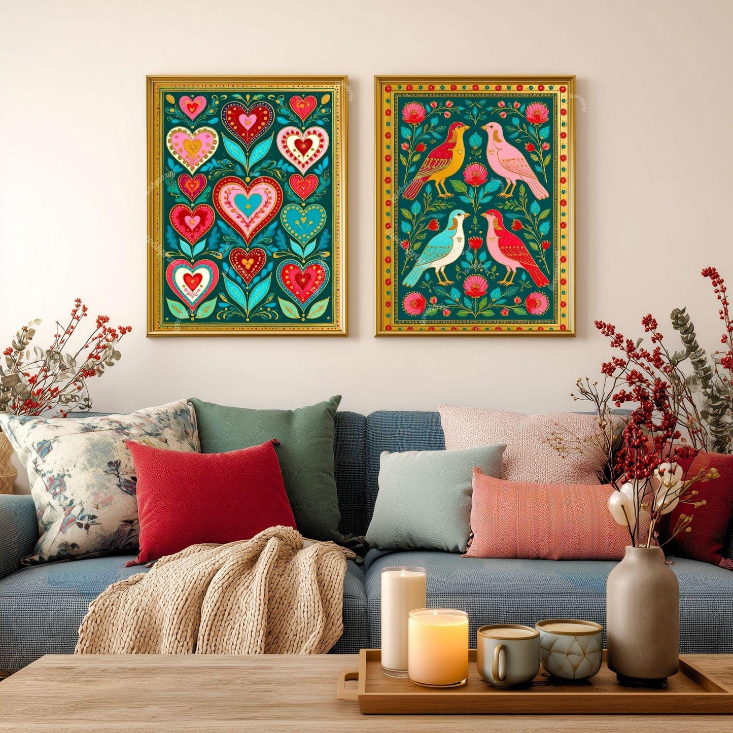 Scandi Boho Wall Art Set – Green Scandinavian Boho Bird Prints Wall Art Birds and Heart Tulip Prints Boho Scandi Prints Set of Two