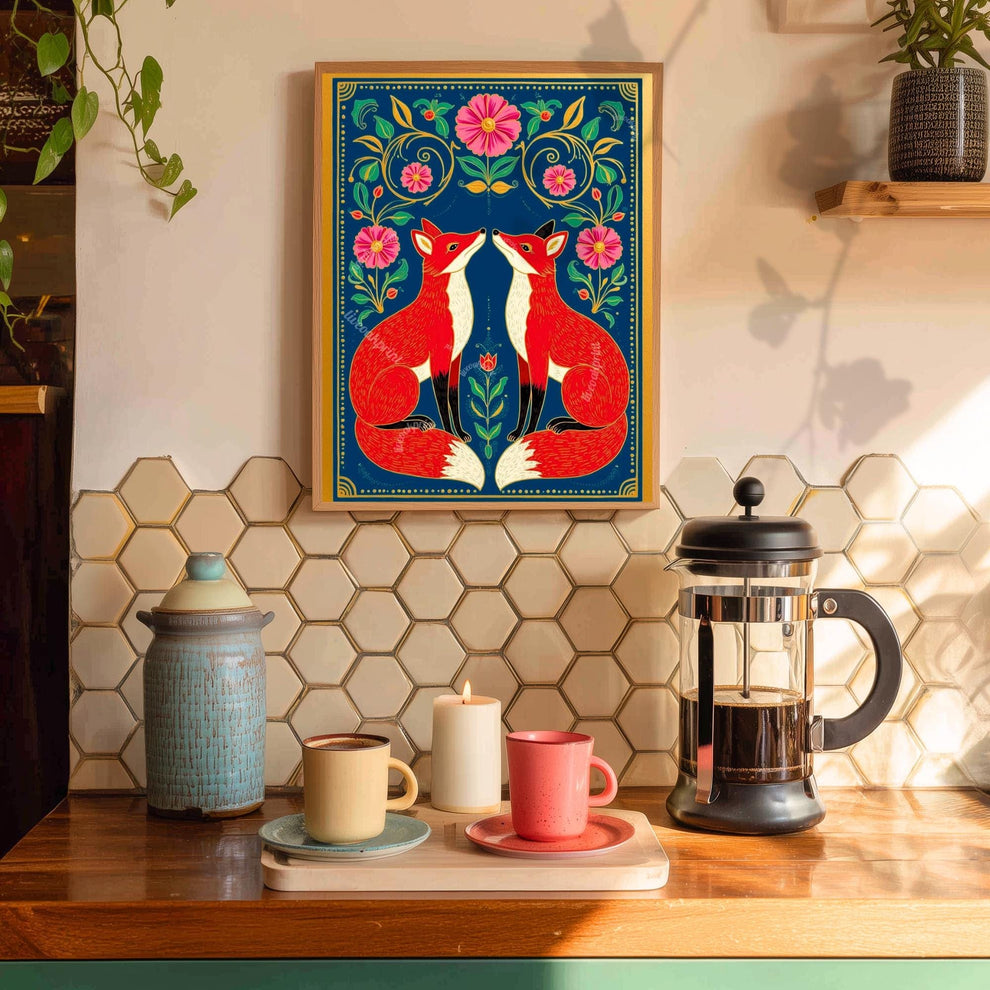 Cozy Nordic Foxes – Scandi-Boho Art Print Nordic Forest Wall Art Woodland Creature Nursery Print Navy Blue Fox Art For Bedroom