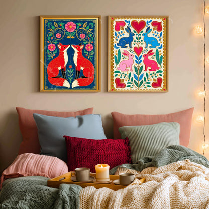 Cozy Nordic Foxes – Scandi-Boho Art Print Nordic Forest Wall Art Woodland Creature Nursery Print Navy Blue Fox Art For Bedroom