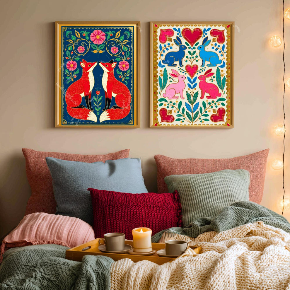 Cozy Nordic Foxes – Scandi-Boho Art Print Nordic Forest Wall Art Woodland Creature Nursery Print Navy Blue Fox Art For Bedroom