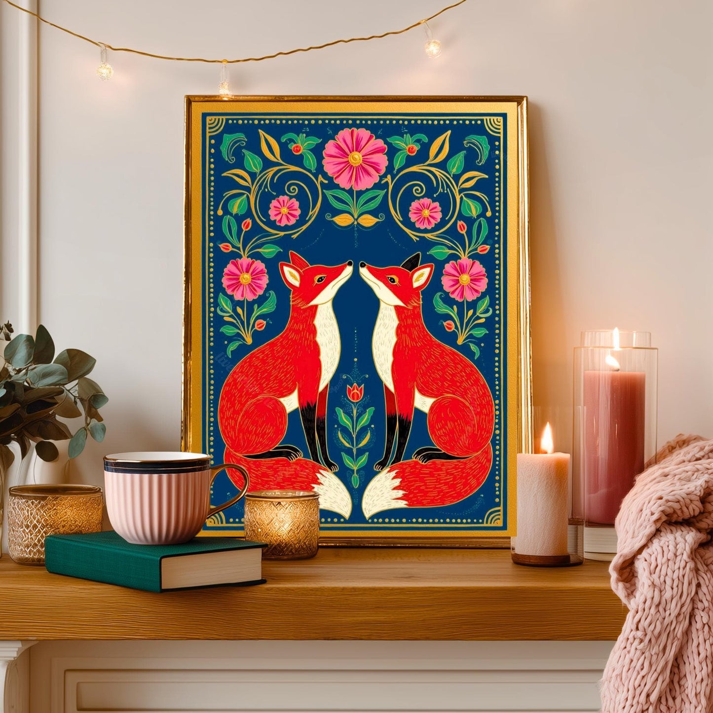 Cozy Nordic Foxes – Scandi-Boho Art Print Nordic Forest Wall Art Woodland Creature Nursery Print Navy Blue Fox Art For Bedroom