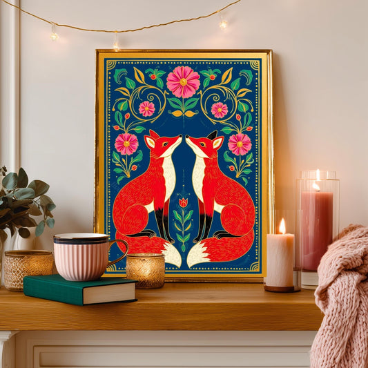 Cozy Nordic Foxes – Scandi-Boho Art Print Nordic Forest Wall Art Woodland Creature Nursery Print Navy Blue Fox Art For Bedroom