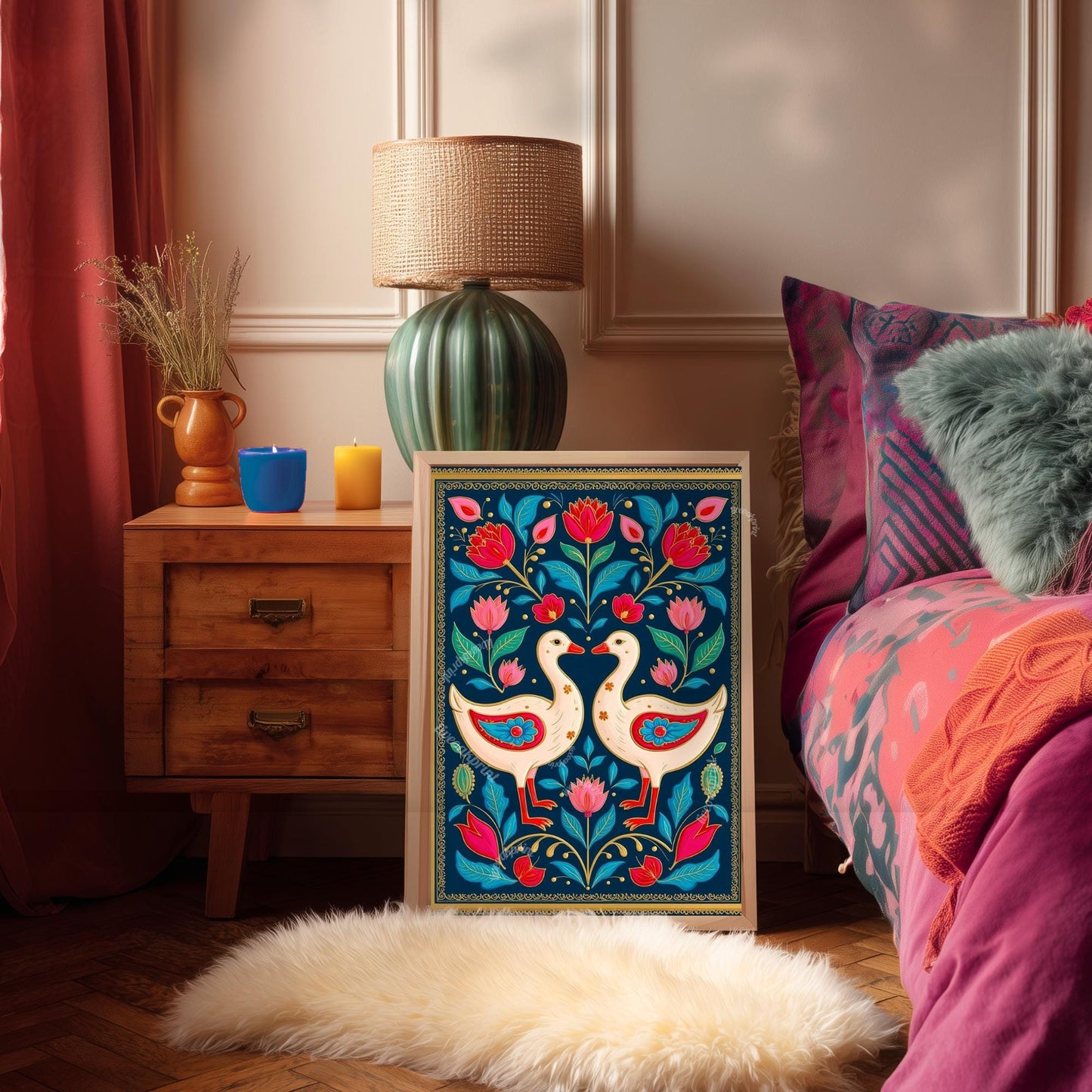 Scandinavian Goose Prink – Boho Scandy Wall Decor Nordic Wall Art Woodland Creature Nursery Print Navy Gooses Wall Decor Modern Folk