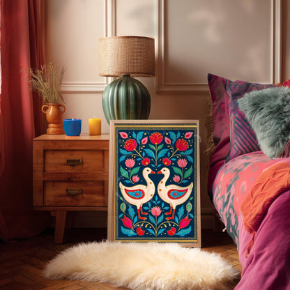 Scandinavian Goose Prink – Boho Scandy Wall Decor Nordic Wall Art Woodland Creature Nursery Print Navy Gooses Wall Decor Modern Folk