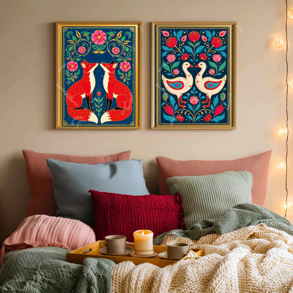 Scandinavian Goose Prink – Boho Scandy Wall Decor Nordic Wall Art Woodland Creature Nursery Print Navy Gooses Wall Decor Modern Folk