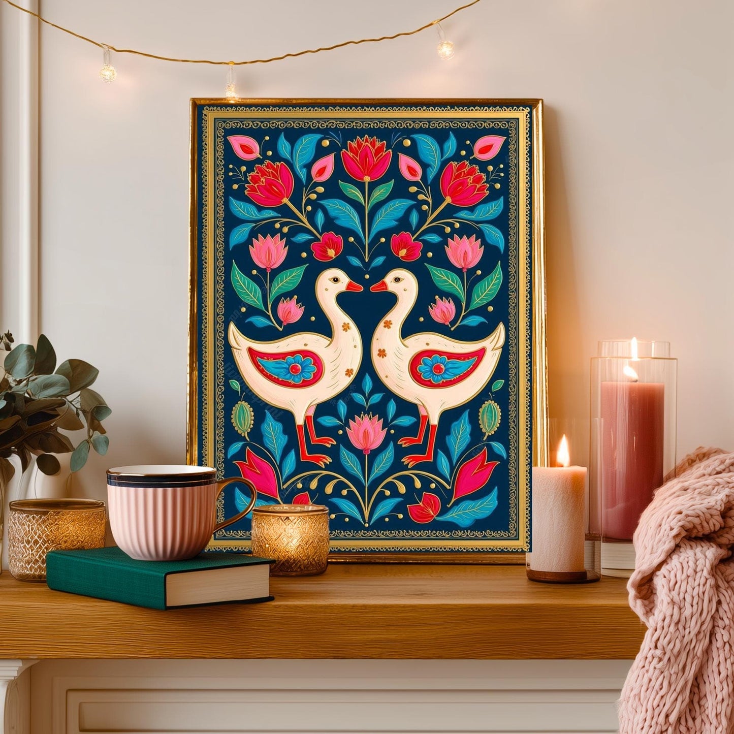 Scandinavian Goose Prink – Boho Scandy Wall Decor Nordic Wall Art Woodland Creature Nursery Print Navy Gooses Wall Decor Modern Folk