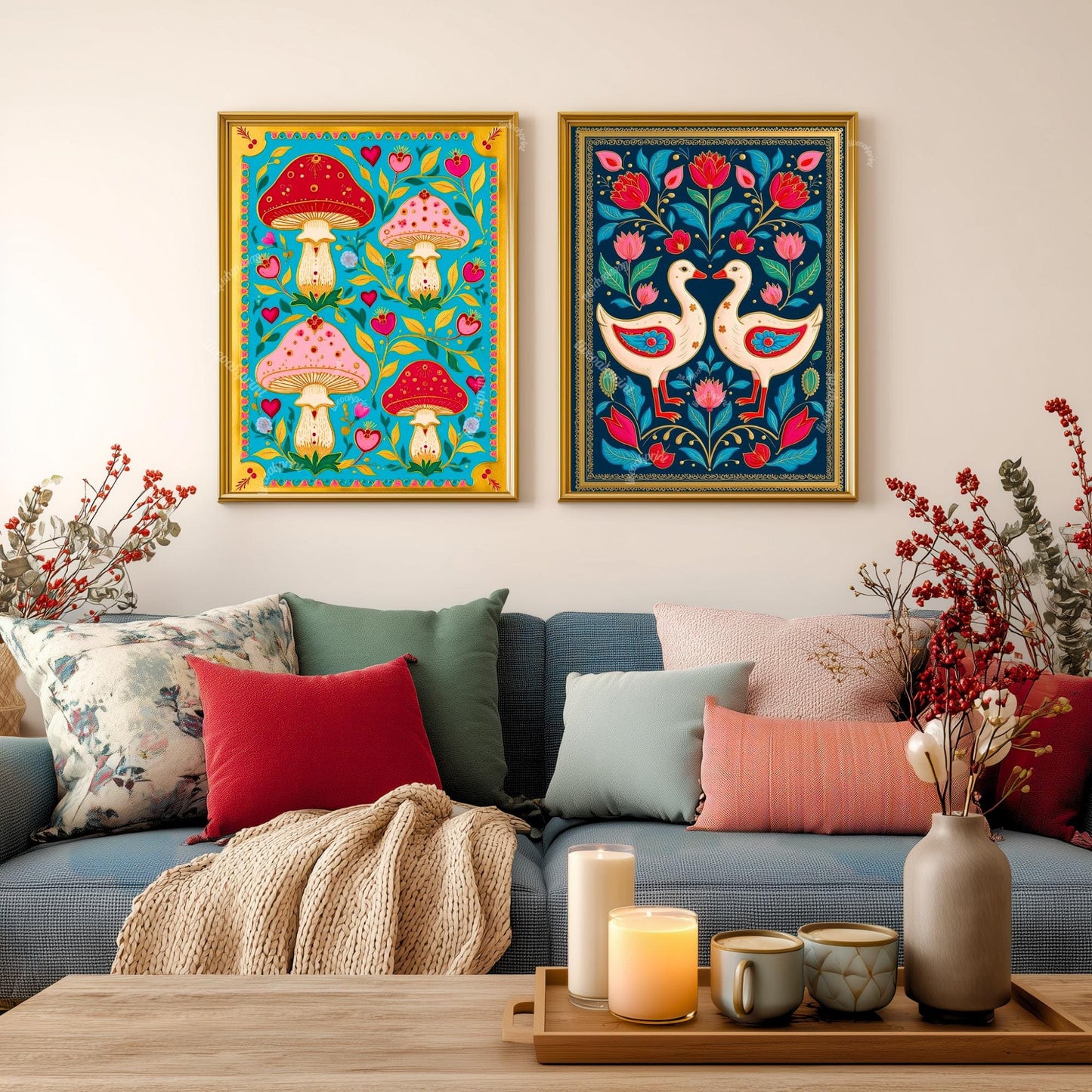 Boho Scandi Mushroom Art Print – Nordic Forest Wall Art Teal Modern Boho Home Decor Nordic Bedroom Art Mushroom Wall Decor