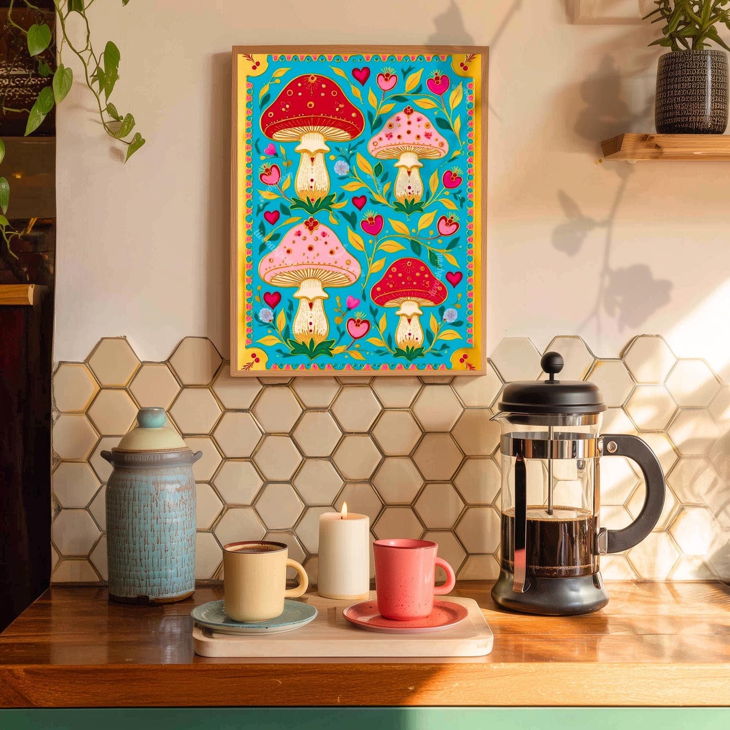 Boho Scandi Mushroom Art Print – Nordic Forest Wall Art Teal Modern Boho Home Decor Nordic Bedroom Art Mushroom Wall Decor