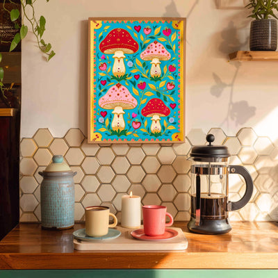Boho Scandi Mushroom Art Print – Nordic Forest Wall Art Teal Modern Boho Home Decor Nordic Bedroom Art Mushroom Wall Decor