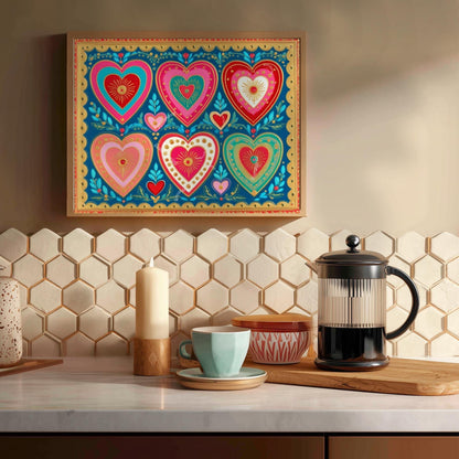 Scandi Hearts Wall Art – Horizontal Scandinavian Boho Art Colorful Nordic Heart Print Hygge Home Decor Over The Couch Living Room Print