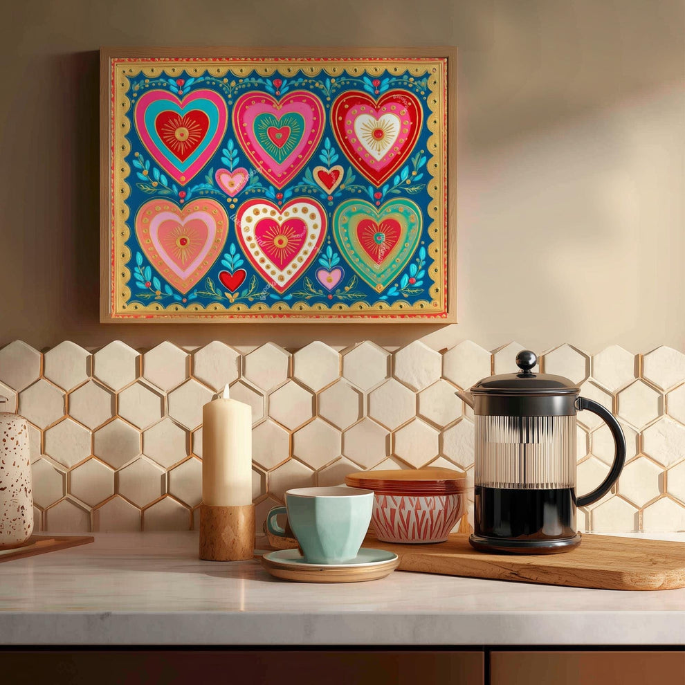 Scandi Hearts Wall Art – Horizontal Scandinavian Boho Art Colorful Nordic Heart Print Hygge Home Decor Over The Couch Living Room Print