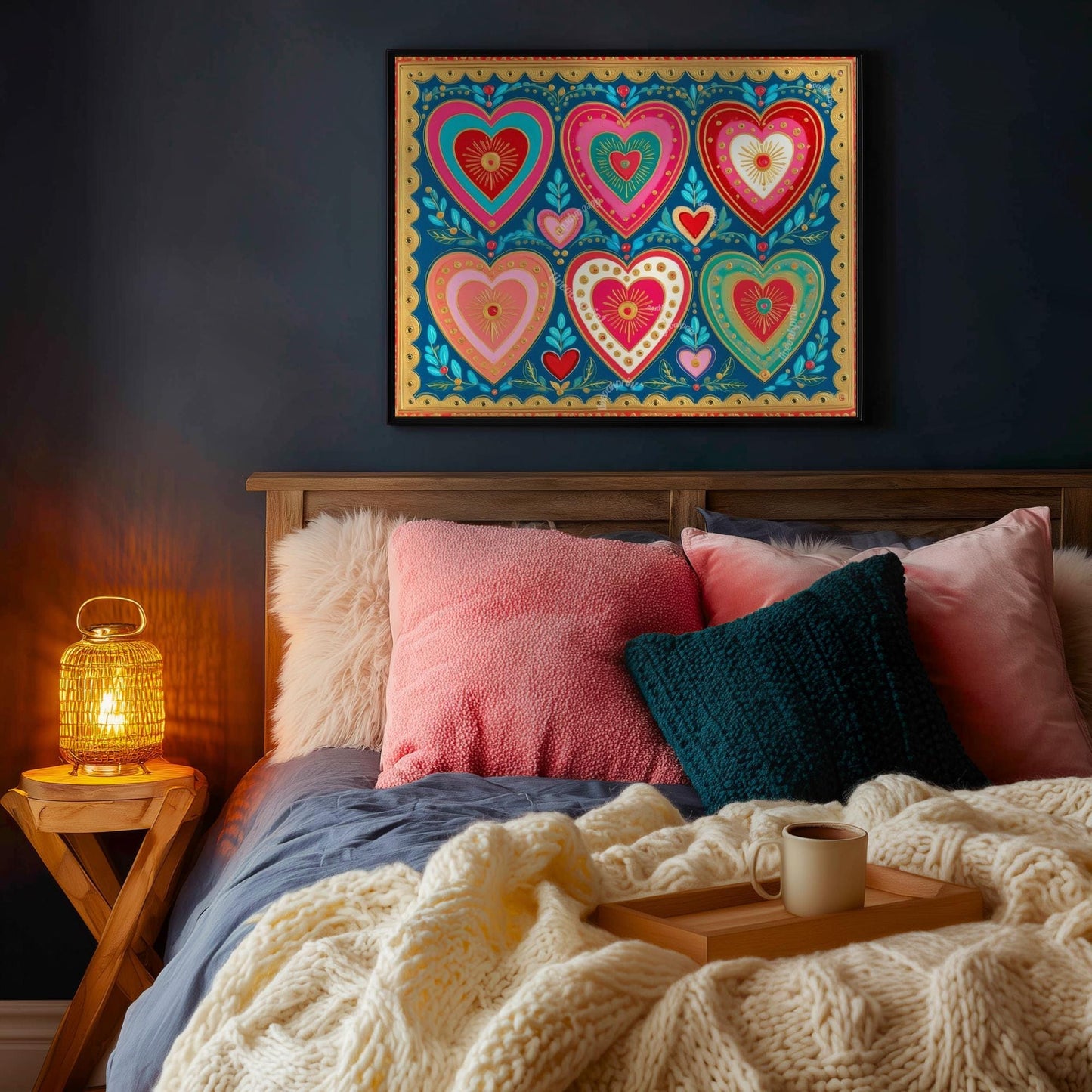 Scandi Hearts Wall Art – Horizontal Scandinavian Boho Art Colorful Nordic Heart Print Hygge Home Decor Over The Couch Living Room Print