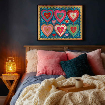 Scandi Hearts Wall Art – Horizontal Scandinavian Boho Art Colorful Nordic Heart Print Hygge Home Decor Over The Couch Living Room Print