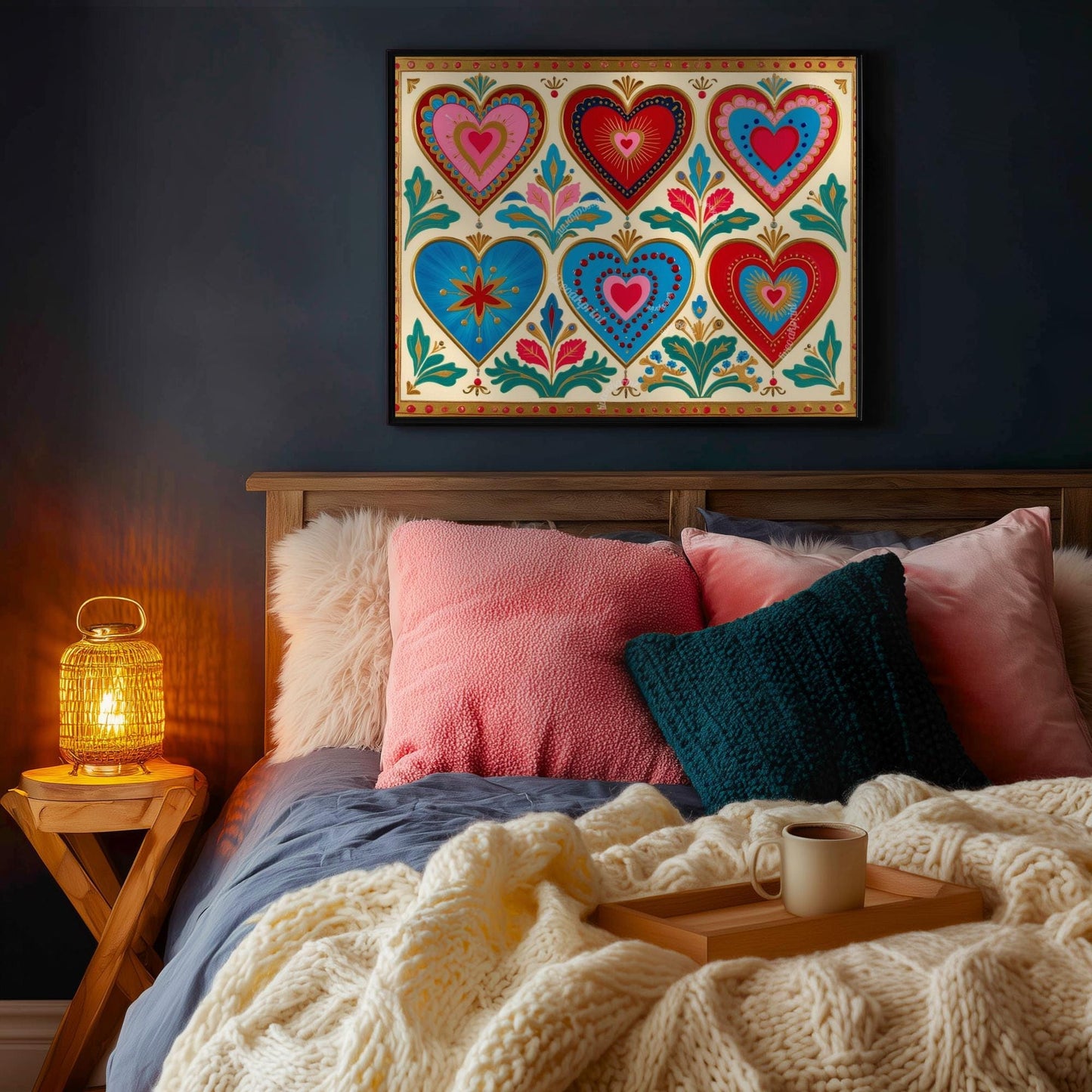 Scandi Folk Hearts Art Print – Scandinavian Boho Wall Art Red and Blue Nordic Heart Print Cozy Hygge Folk Decor