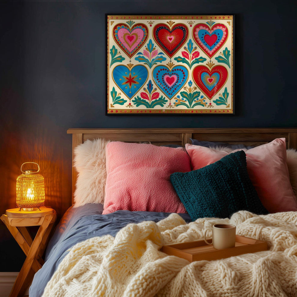 Scandi Folk Hearts Art Print – Scandinavian Boho Wall Art Red and Blue Nordic Heart Print Cozy Hygge Folk Decor