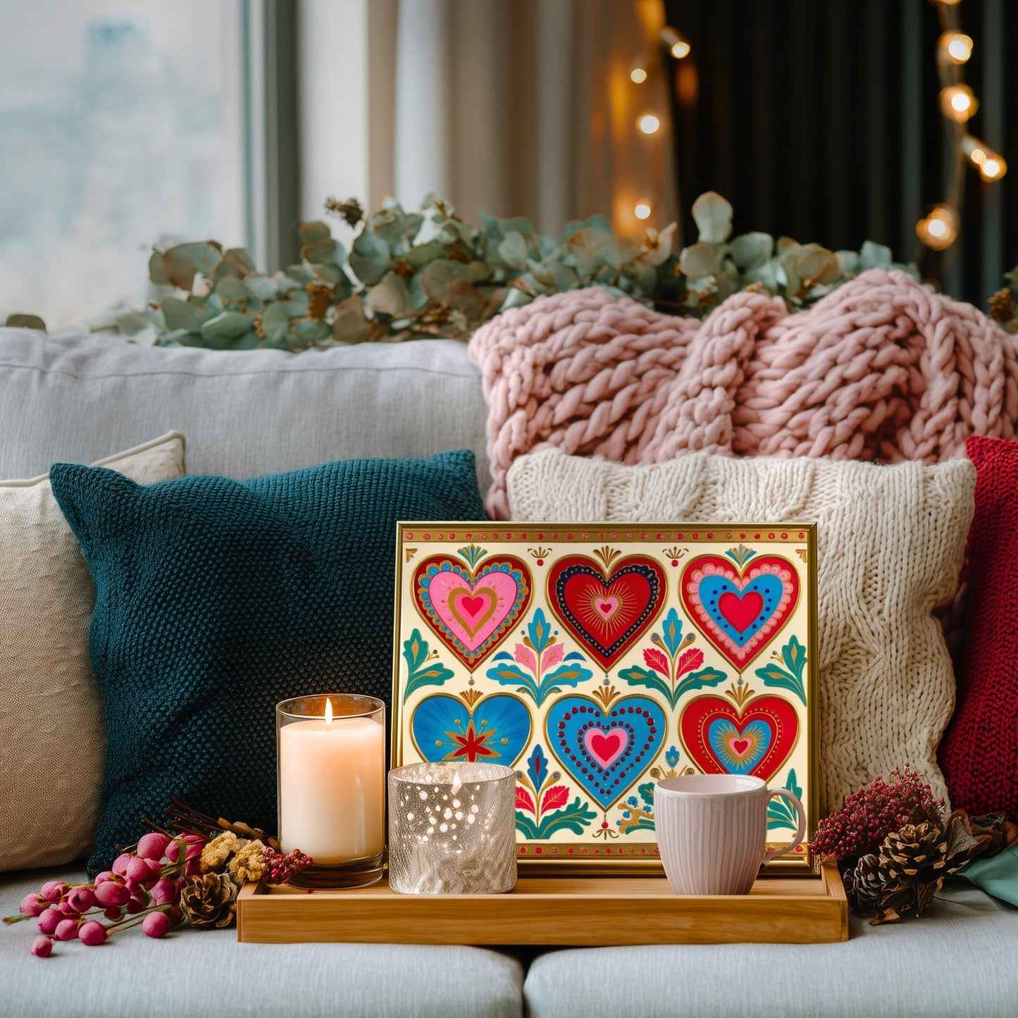 Scandi Folk Hearts Art Print – Scandinavian Boho Wall Art Red and Blue Nordic Heart Print Cozy Hygge Folk Decor