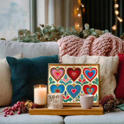 Scandi Folk Hearts Art Print – Scandinavian Boho Wall Art Red and Blue Nordic Heart Print Cozy Hygge Folk Decor