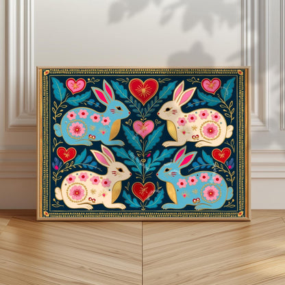 Scandi Folk Rabbit Art Print – Scandinavian Boho Wall Art, Nordic Bunny Print, Colorful Spring Decor, Cozy Hygge Home Gift