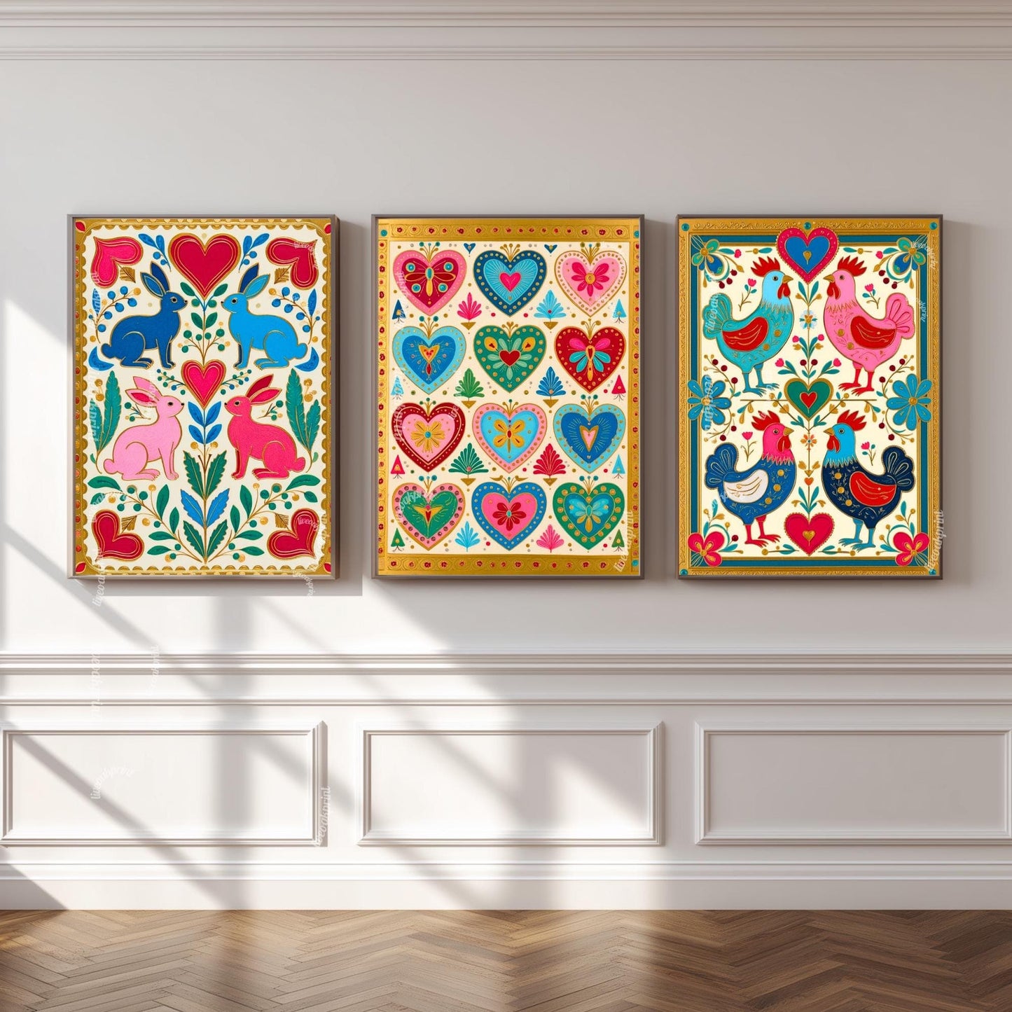 Scandi Boho Wall Art Set - Set of 3 Scandinavian Art Prints Nordic Wall Art Set of Three Hygge Bedroom Decor, Nordic Folk Heart, Rabbit Art