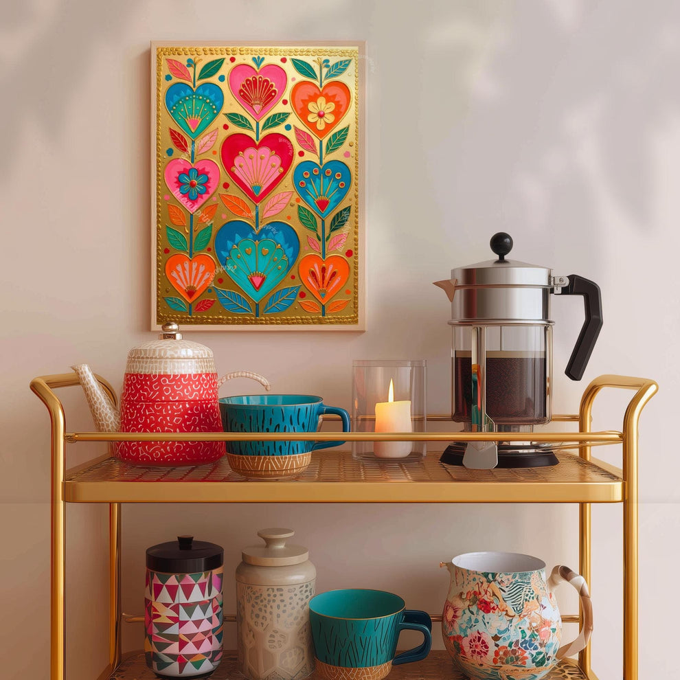 Gold Boho Scandi Hearts Print – Colorful Scandinavian Folk Art Wall Decor