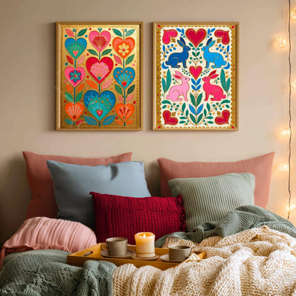 Gold Boho Scandi Hearts Print – Colorful Scandinavian Folk Art Wall Decor