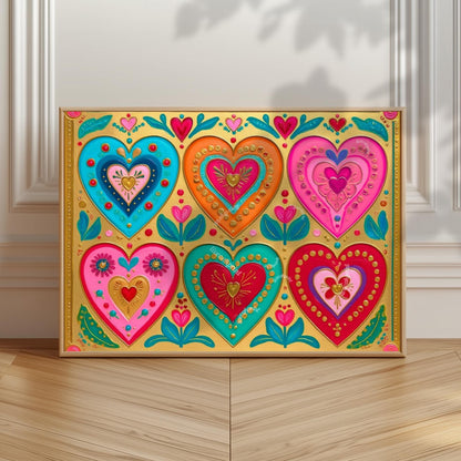 Gold Boho Scandi Hearts Print – Horizontal Over The Couch Wall Art