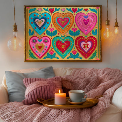 Gold Boho Scandi Hearts Print – Horizontal Over The Couch Wall Art