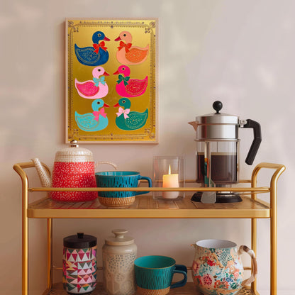 Gold Colorful Ducks Art Print – Maximalist Scandi Folk Wall Decoration