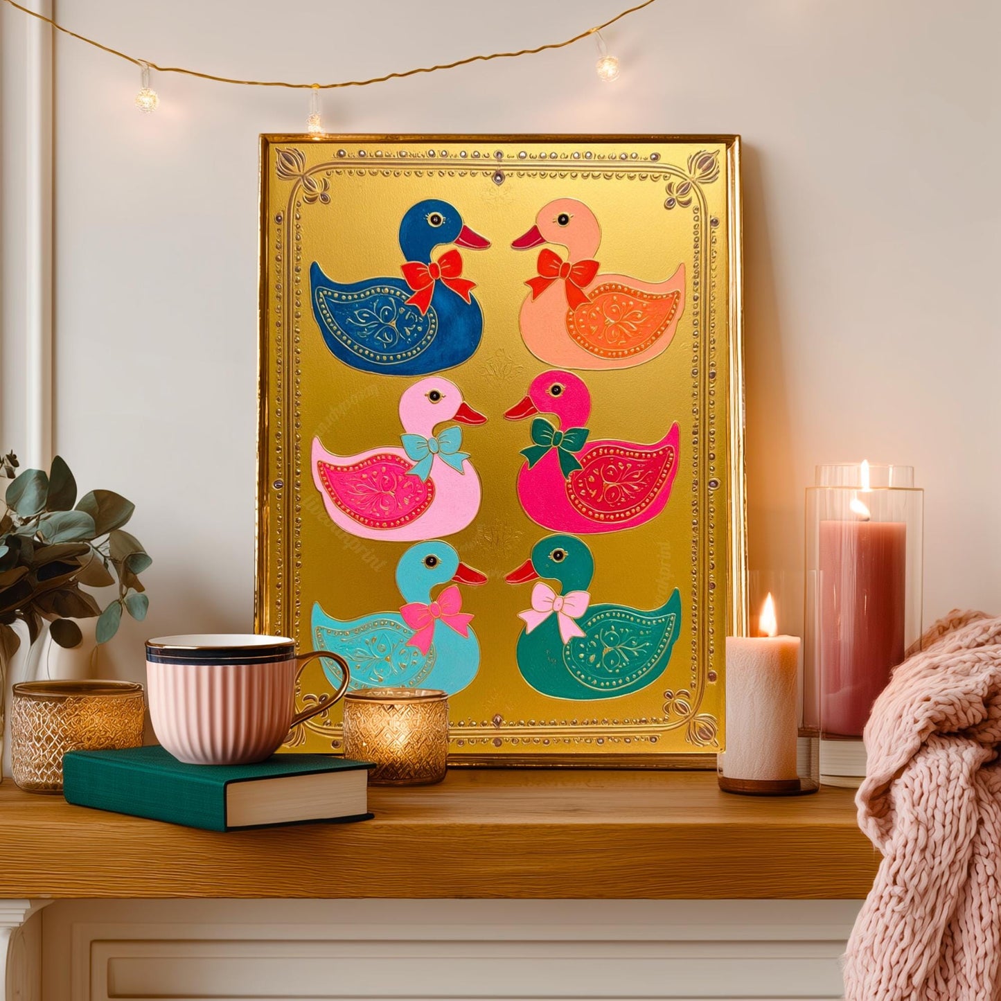 Gold Colorful Ducks Art Print – Maximalist Scandi Folk Wall Decoration