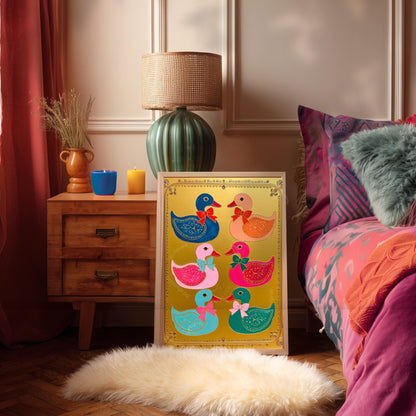 Gold Colorful Ducks Art Print – Maximalist Scandi Folk Wall Decoration