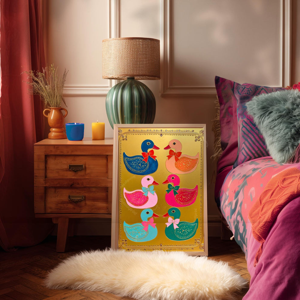 Gold Colorful Ducks Art Print – Maximalist Scandi Folk Wall Decoration