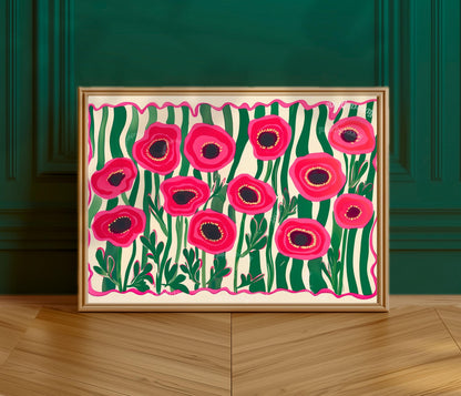 Red Poppies Horizontal Wall Art : Floral Landscape Print Over The Couch or Bedroom Art