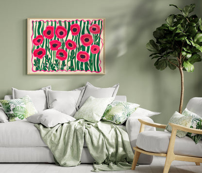 Red Poppies Horizontal Wall Art : Floral Landscape Print Over The Couch or Bedroom Art