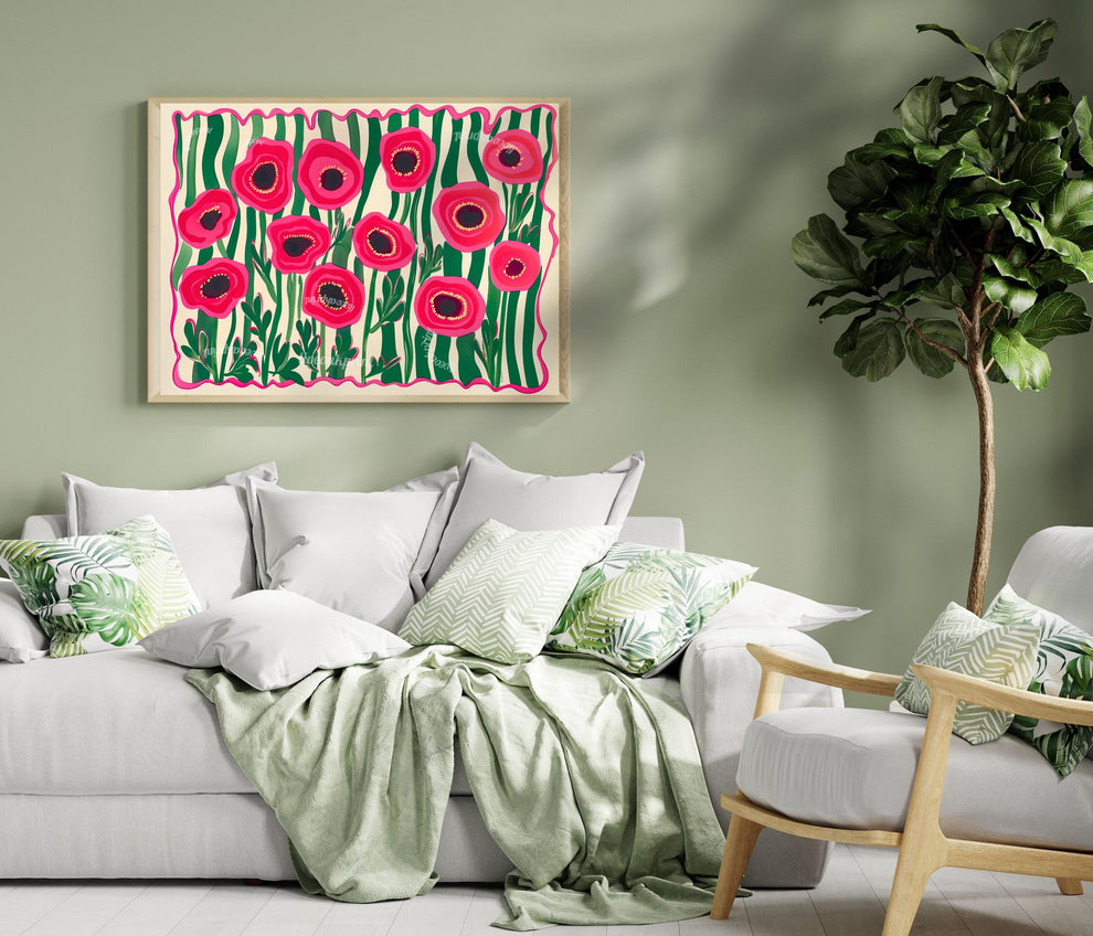 Red Poppies Horizontal Wall Art : Floral Landscape Print Over The Couch or Bedroom Art