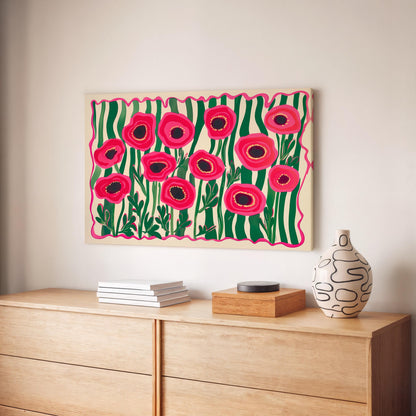 Red Poppies Horizontal Wall Art : Floral Landscape Print Over The Couch or Bedroom Art