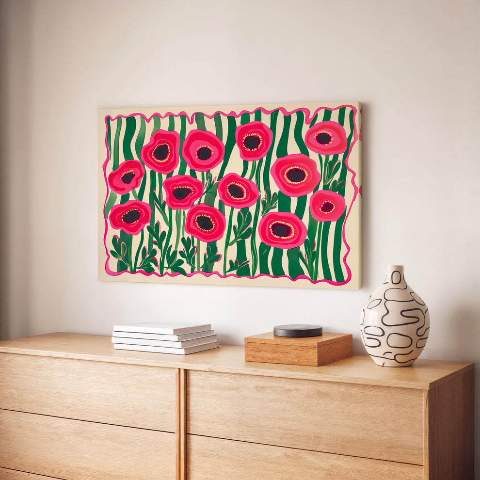 Red Poppies Horizontal Wall Art : Floral Landscape Print Over The Couch or Bedroom Art