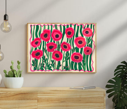 Red Poppies Horizontal Wall Art : Floral Landscape Print Over The Couch or Bedroom Art