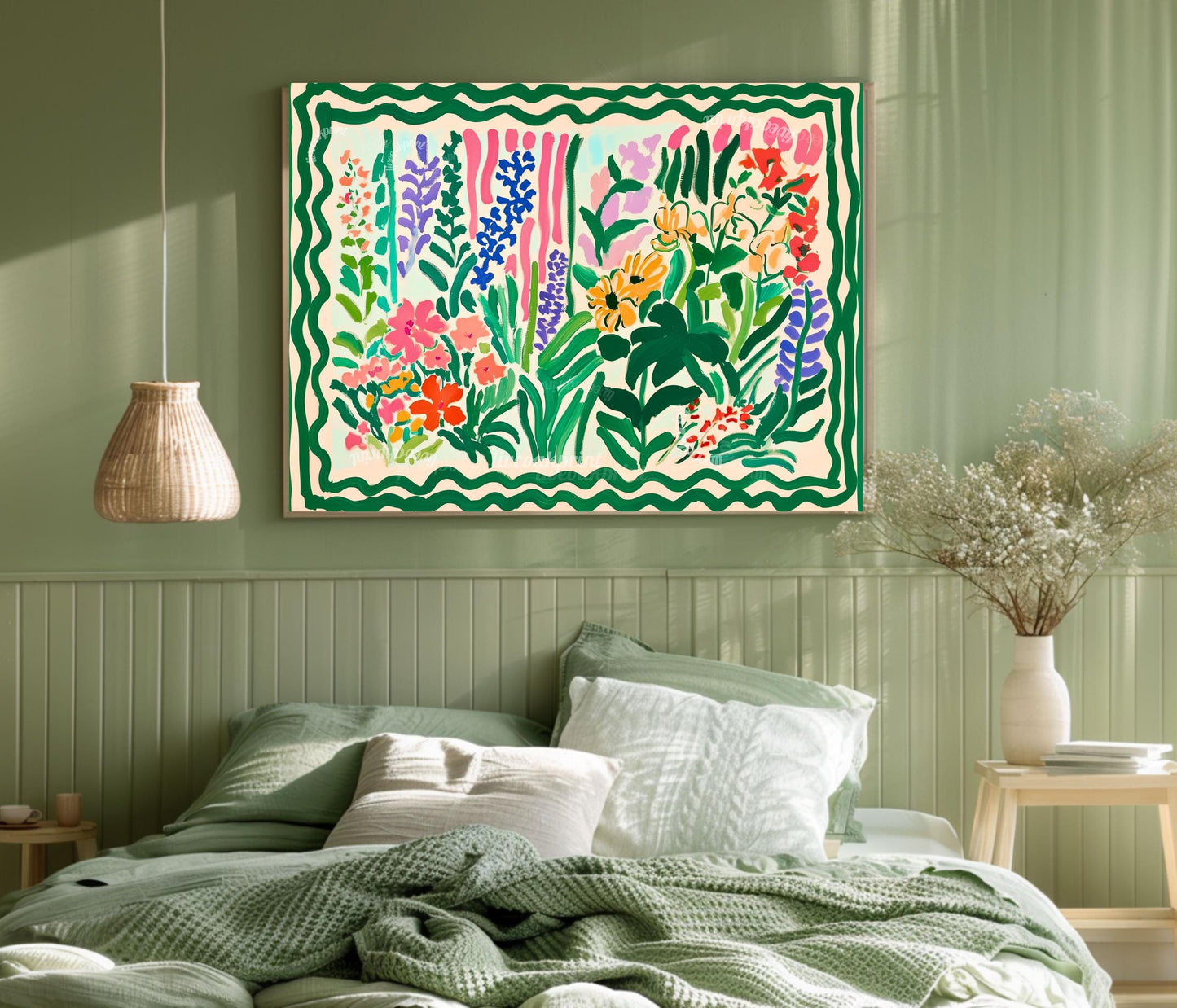 Green Maximalist Floral Wall Art: Colorful Horizontal Wall Decor Over Couch Art