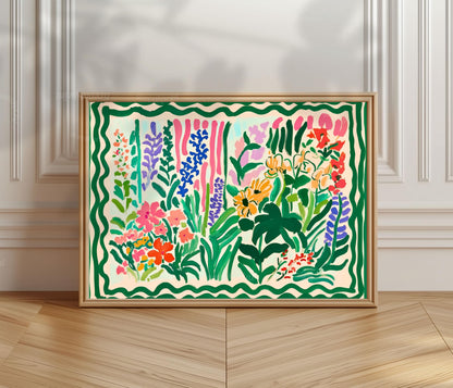 Green Maximalist Floral Wall Art: Colorful Horizontal Wall Decor Over Couch Art