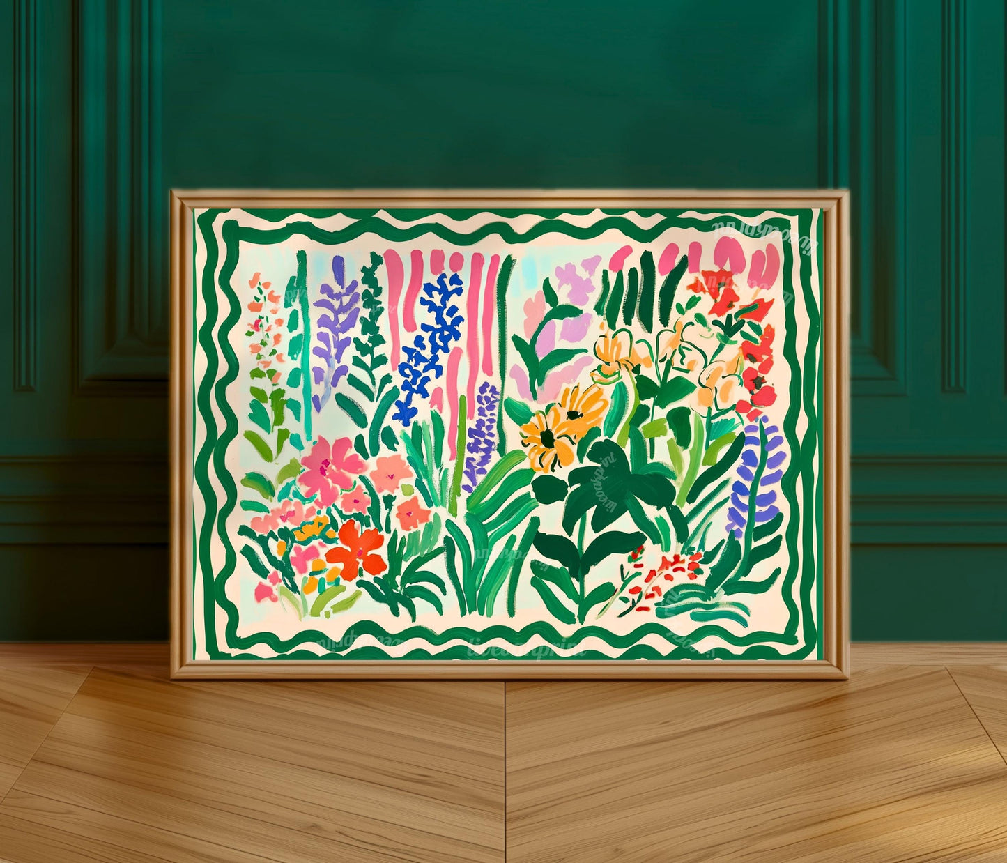 Green Maximalist Floral Wall Art: Colorful Horizontal Wall Decor Over Couch Art