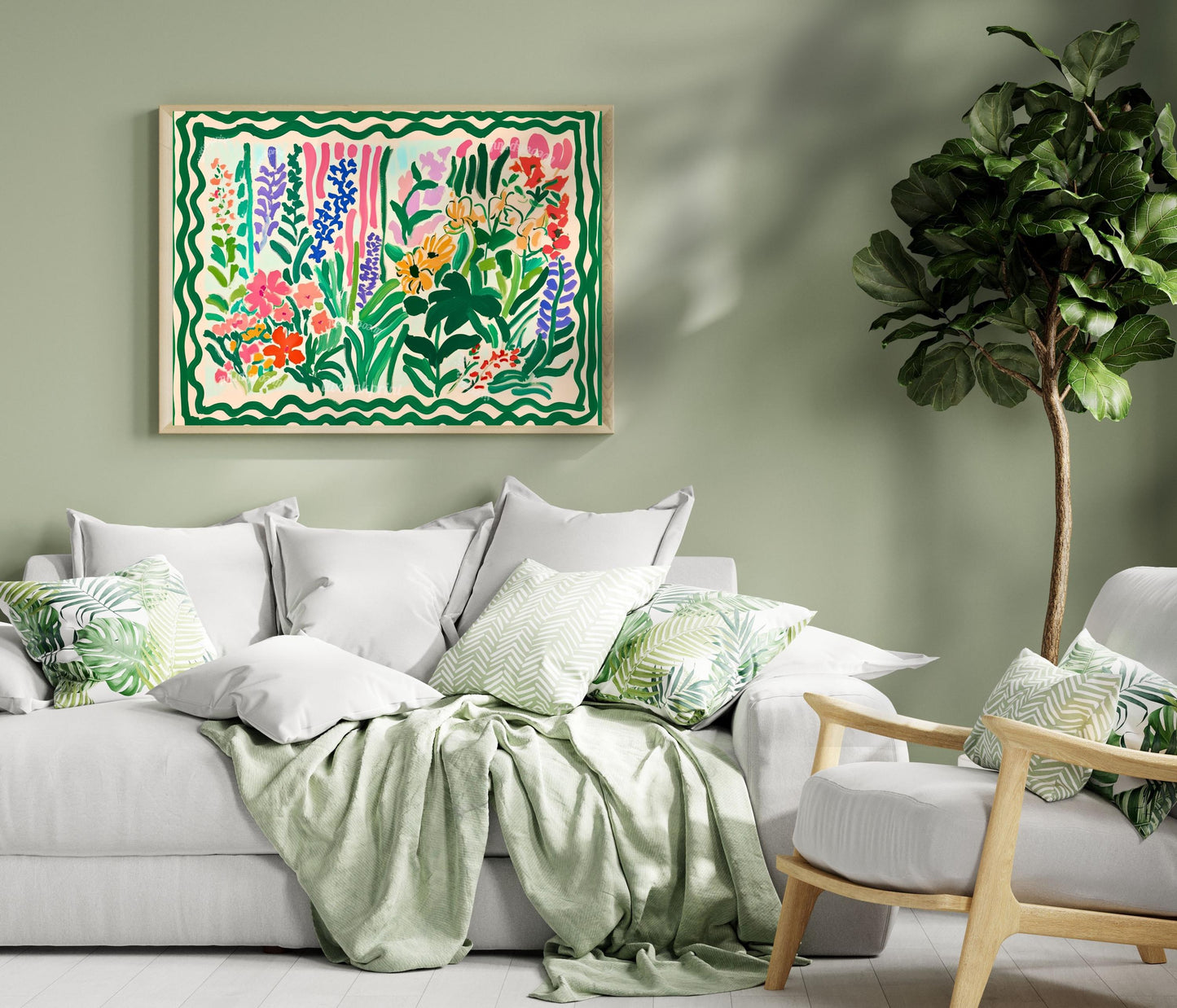 Green Maximalist Floral Wall Art: Colorful Horizontal Wall Decor Over Couch Art