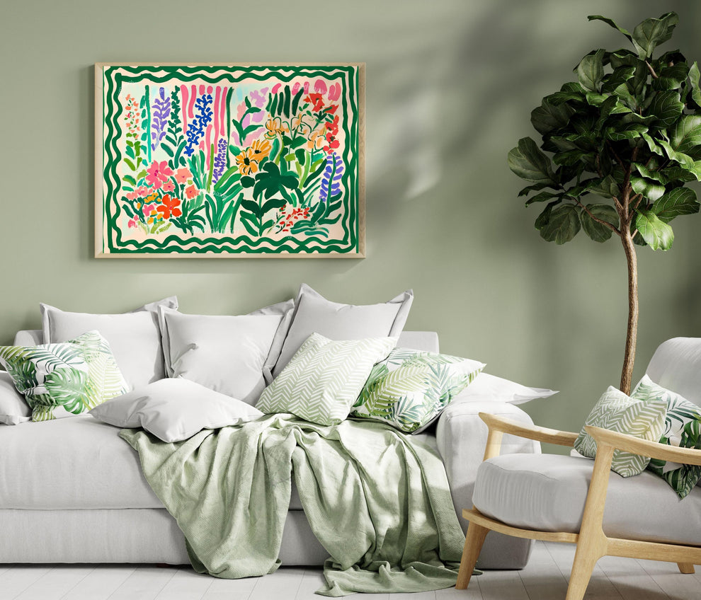 Green Maximalist Floral Wall Art: Colorful Horizontal Wall Decor Over Couch Art