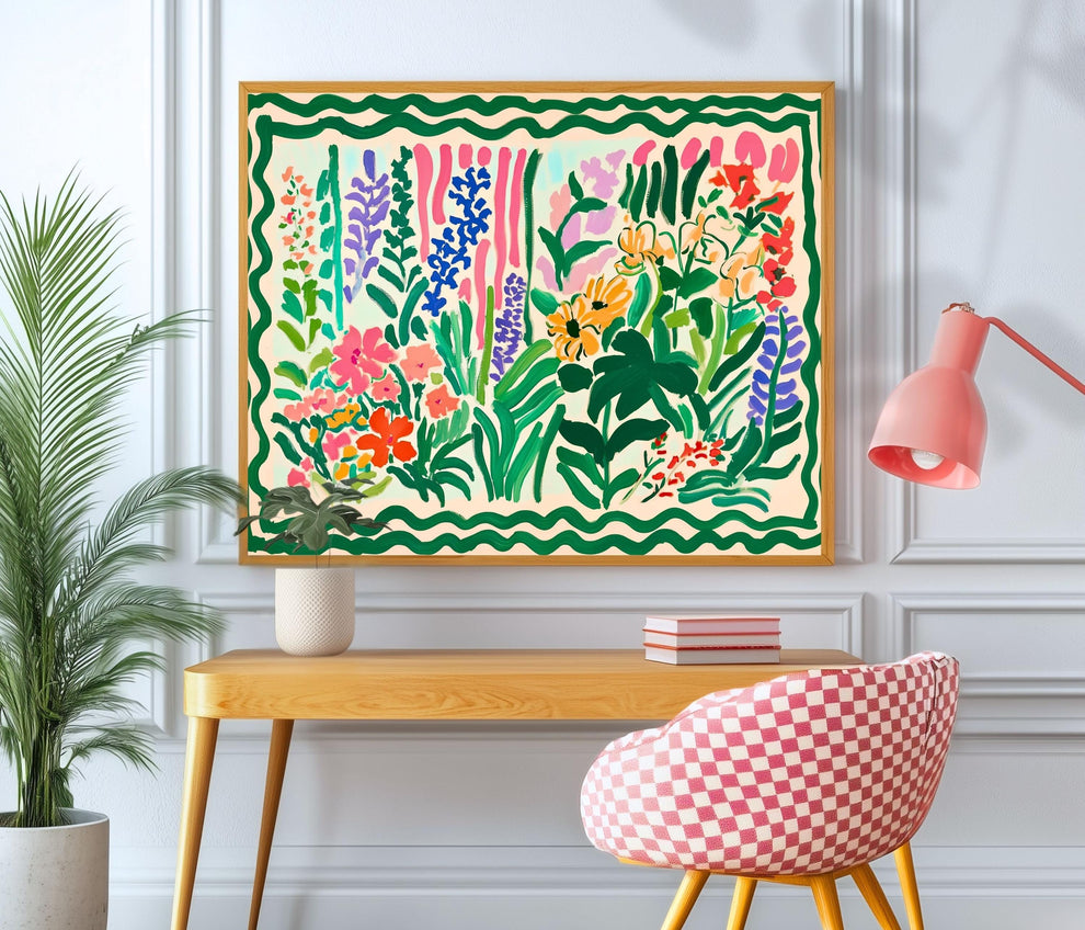 Green Maximalist Floral Wall Art: Colorful Horizontal Wall Decor Over Couch Art