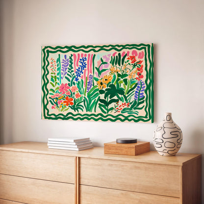 Green Maximalist Floral Wall Art: Colorful Horizontal Wall Decor Over Couch Art